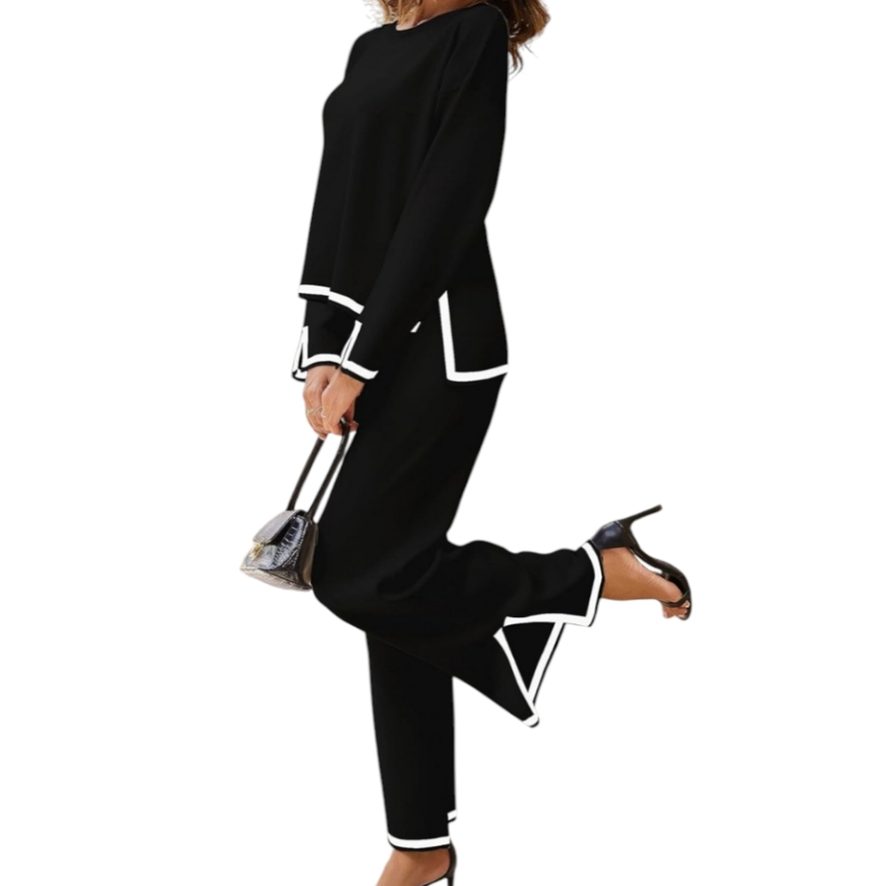 Women's 2 Piece Set Long Sleeve Knit Sweater Top Wide Leg Pants Lounge Sets sz M